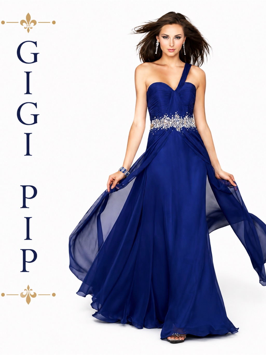 Gigi Pip Royal Blue One Shoulder Formal Gown Beaded Waist Dress
